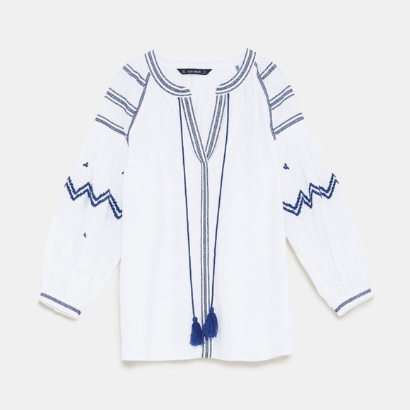 NWT Zara White & Blue Embroidered oversized Size Small blouse - Picture 1 of 8